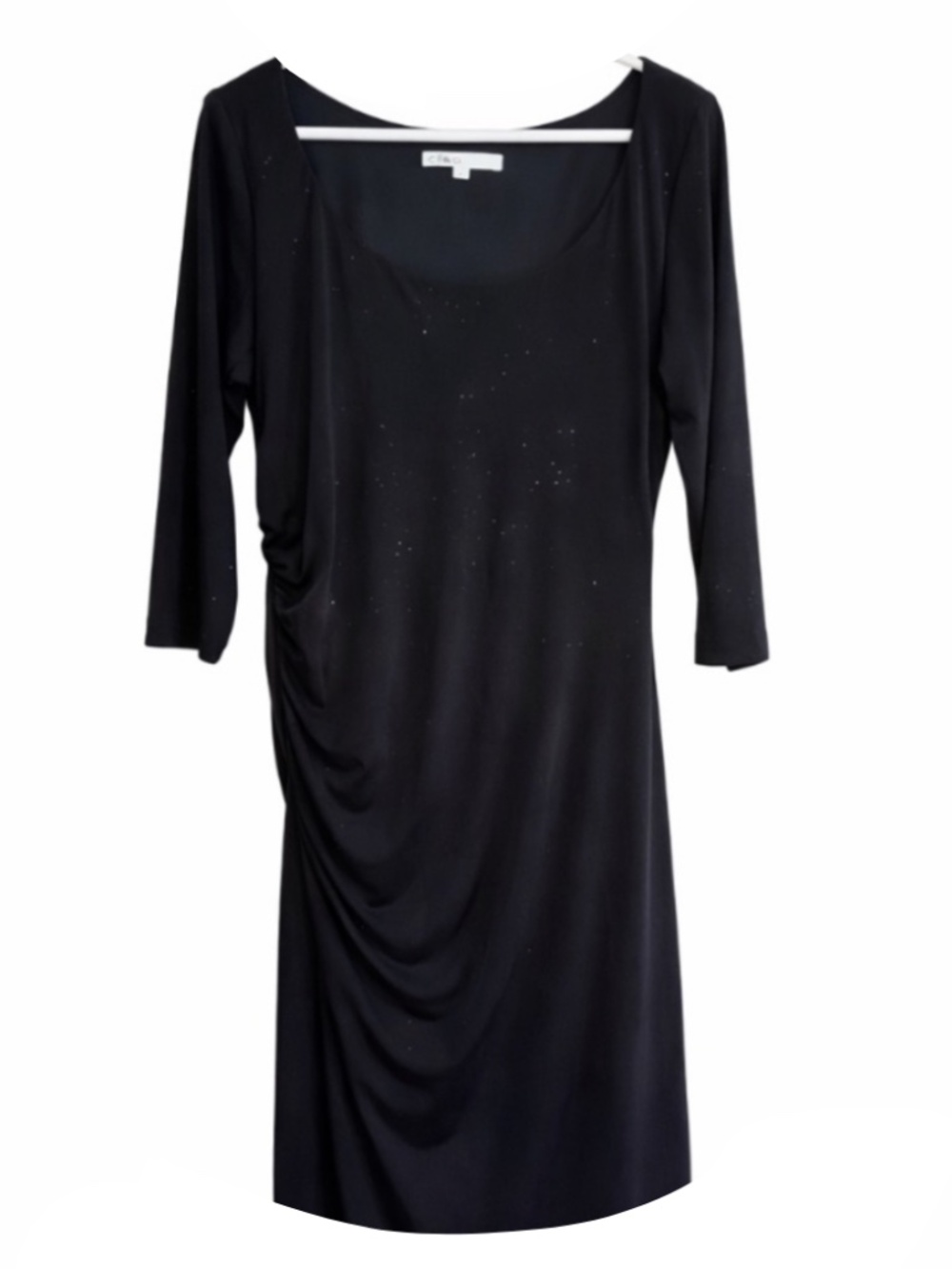4/$20➡️ Cleo Black Shimmering Ruched Bodycon Midi Cocktail Dress w 3/4 Sleeve